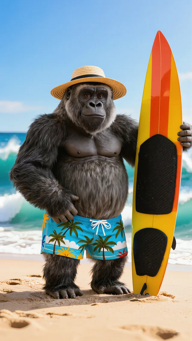 Murphee the gorilla on a beach in a straw hat and palm-print shorts, holding a surfboard
