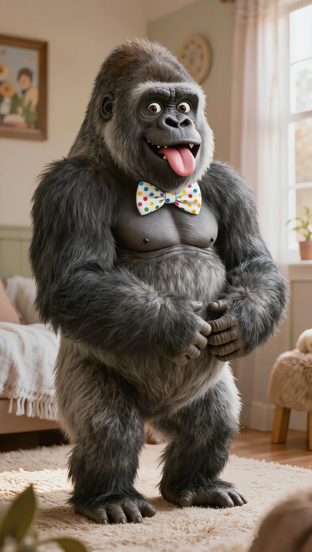 Murphee the gorilla in a small polka-dot bow tie, hands together, tongue out