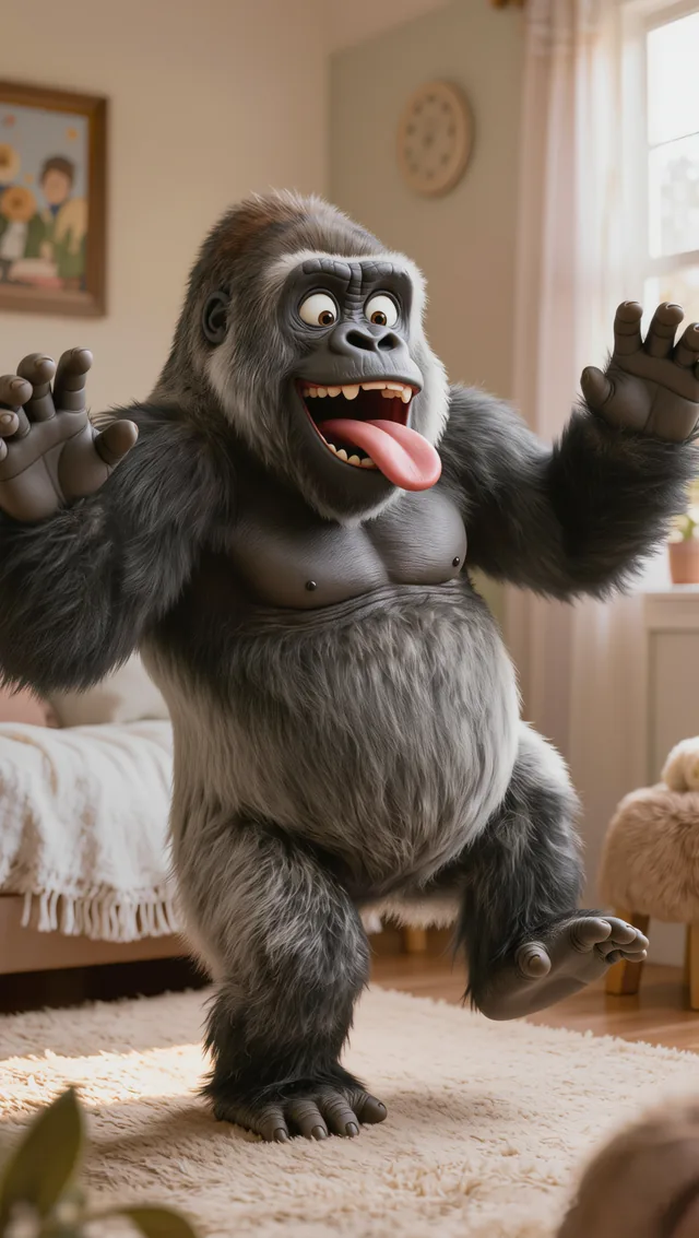 Murphee the gorilla mid-dance, waving both hands with one foot off the floor