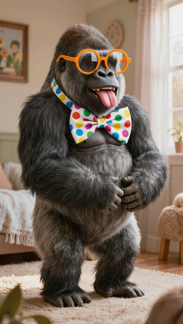 Murphee the gorilla in round orange glasses and a polka-dot bow tie