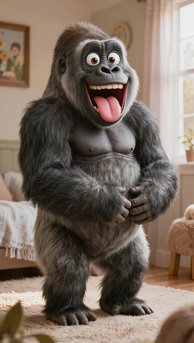 Murphee the gorilla laughing with his mouth wide open