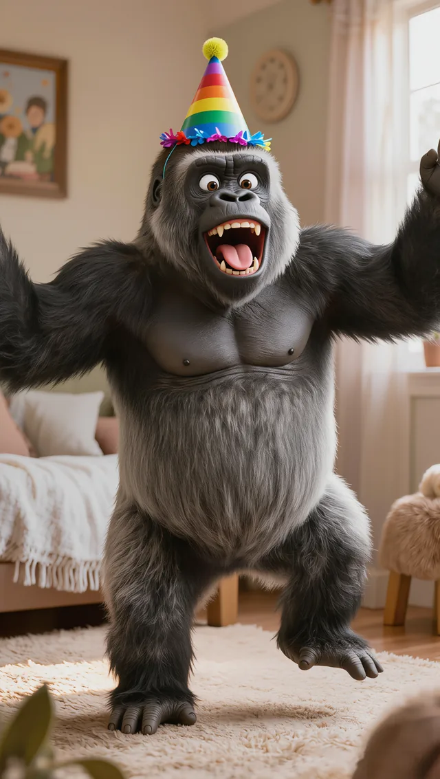 Murphee the gorilla dancing in a striped party hat with one arm in the air