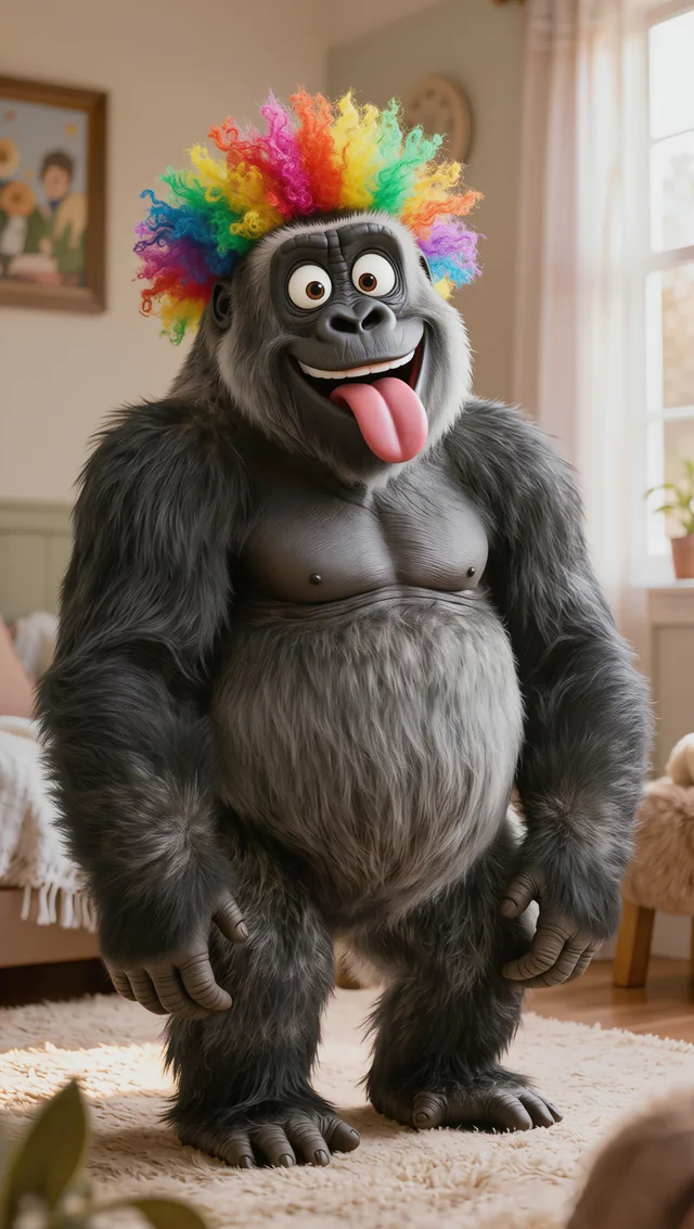 Murphee the gorilla in a rainbow clown wig, grinning with his tongue out