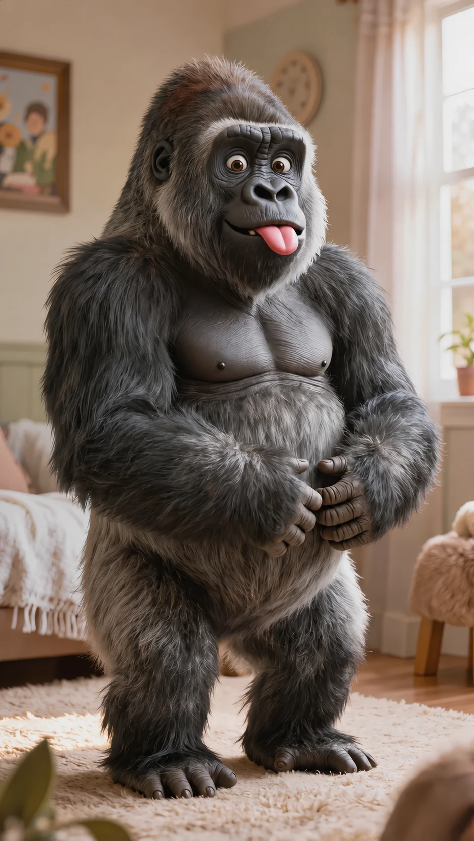 Murphee the gorilla with a playful expression, shown from head to feet