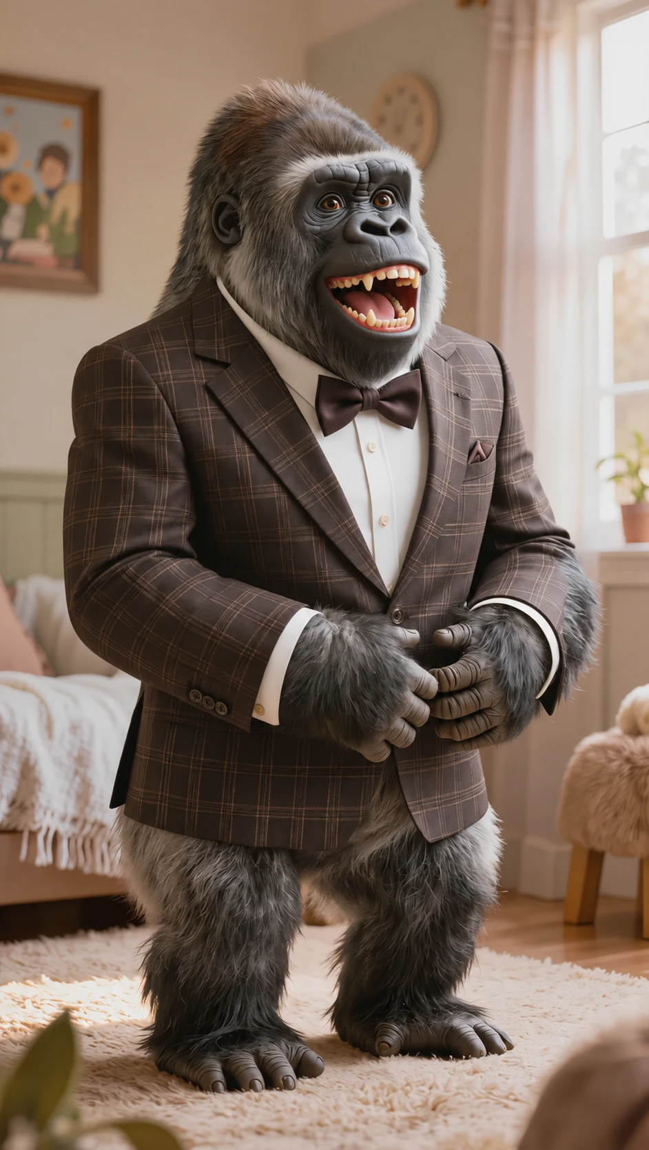 Murphee the gorilla in a checked suit and bow tie, shown from head to feet in his study