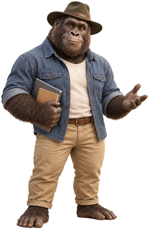 Bruce, Dunny’s gorilla assistant, wearing a bush hat and denim jacket with a notebook under one arm