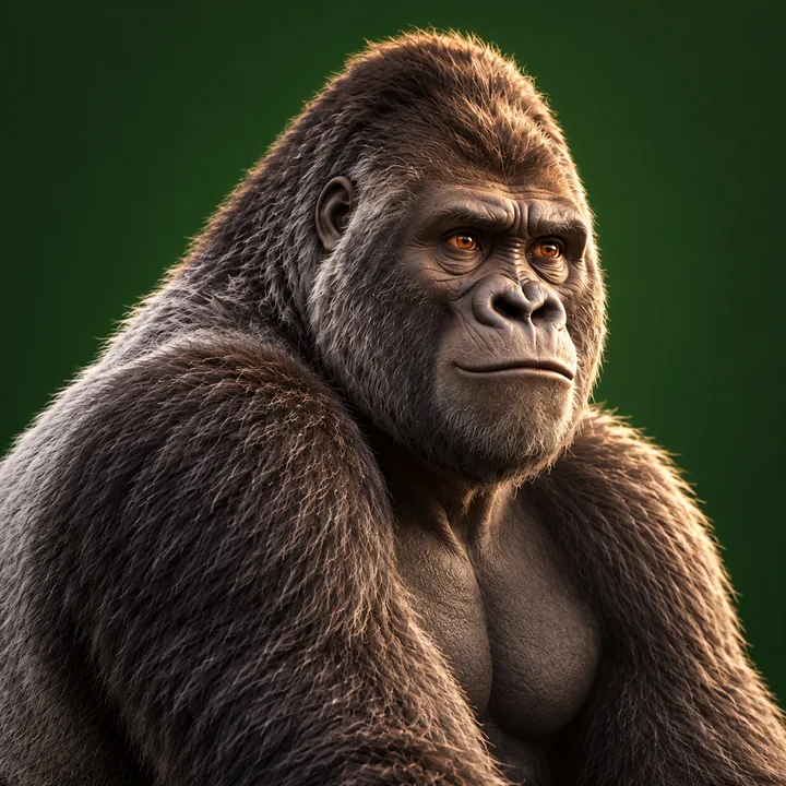 Buck, a mature silverback gorilla with silver shoulders, gazing calmly outward against a deep green background