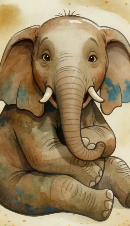 Enzo, a seated watercolor elephant with a gently curled trunk