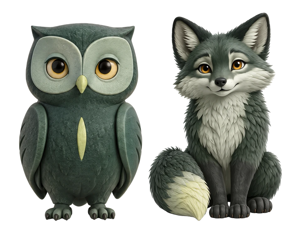 The Immerso Gnosis characters: a forest-green owl standing beside a grey-green fox with a citron-tipped tail