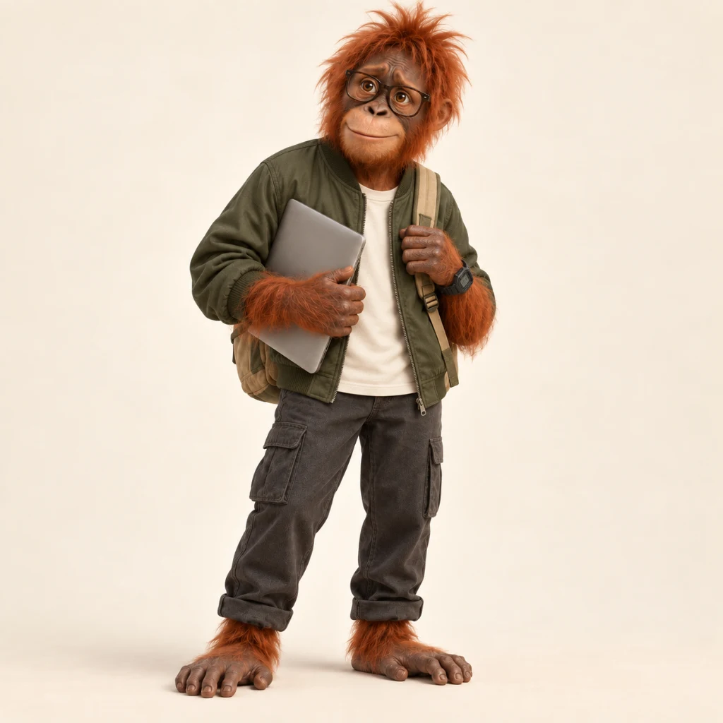Marvin, an orangutan student with glasses, an olive jacket, a backpack and laptop