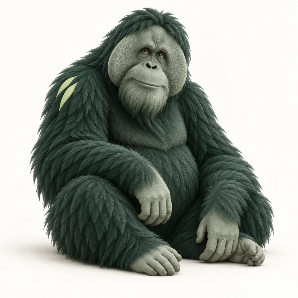 Maurice, a thoughtful forest-green orangutan with sage skin and a citron shoulder marking