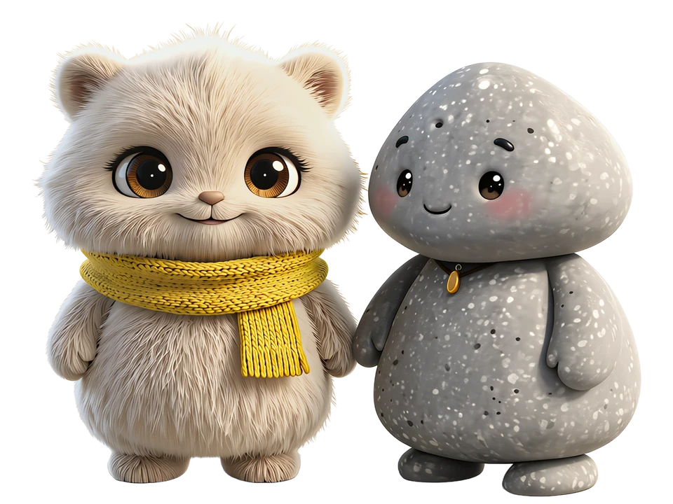 Pebbles, the friendly stone character, beside his sister Naynay, a fluffy character in a yellow scarf, from the Pebbles learning world